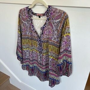 Olive Hill Multicolor Paisley Women's Blouse Bubble Sleeve Lace Back Large